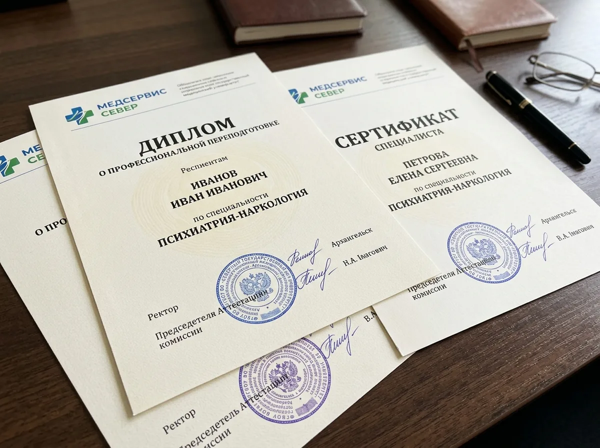 Сертификаты специалистов наркологов психиатров МедСервис Север разложены на столе, официальные документы с печатями медицинских вузов