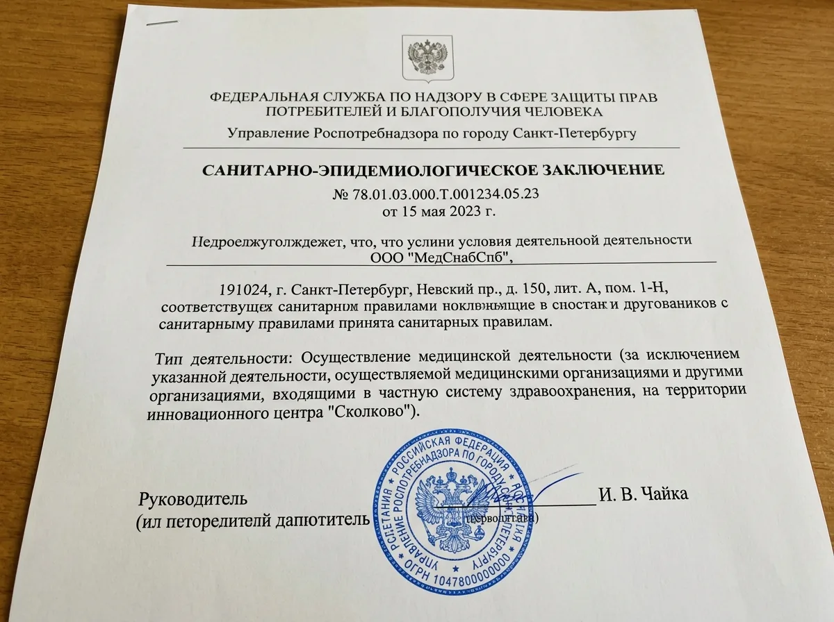 Санитарно-эпидемиологическое заключение Роспотребнадзора для медицинского центра в Санкт-Петербурге официальный документ с гербовой печатью